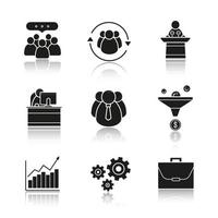 Business drop shadow black icons set. Teamwork, sales funnel, work management, growth chart, conference speaker podium, cogwheels, briefcase and office worker. Isolated vector illustrations