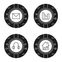 Cyber technology icons set. Digital music, web traffic analysis, email security, smart house concepts. Letter, headphones, chart and home. Vector white illustrations in black circles