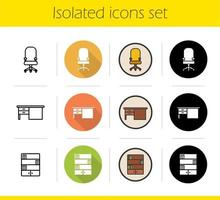 Furniture icons set. Flat design, linear, black and color styles. Computer chair on wheels, writing desk, bookcase. Isolated vector illustrations