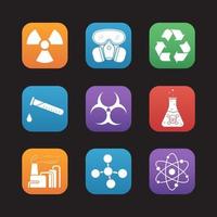 Chemical industry flat design icons set. Gas mask, chemical test tube, danger poison liquid, factory pollution. Biohazard, recycle and molecule symbols. Web application interface. Vector illustrations