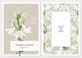 Tarjeta de invitación de boda botánica, diseño de plantilla con lirios blancos sobre un fondo beige. ilustración vectorial de stock. vector