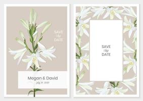 Botanical wedding invitation card, template design with white lilies on a beige background. Stock vector illustration.