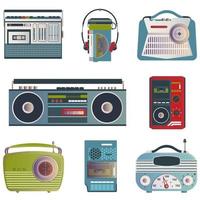 Retro media icons. Set of vector illustrations on the theme of retro music. Radio receivers, tape recorder, player, recorder in retro style.