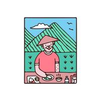 Asian farmer resting in the middle of the rice field. cartoon for sticker. vector