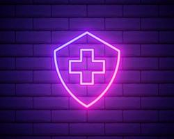 Glowing neon Medical shield with cross icon isolated on brick wall background. Health protection concept. Safety badge icon. Privacy banner. Security label. Vector Illustration