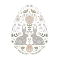 Folk Easter egg with floral motifs, bunnies and birds. vector