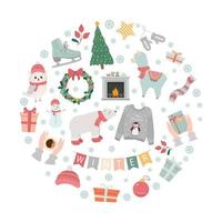 conjunto de invierno, navidad y año nuevo. colección de elementos de invierno, suéter, bufanda, corona navideña, guantes, gorro, patines, regalos y animales lindos.
