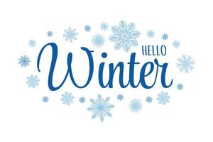 Cute text cursive calligraphy lettering - Hello Winter. Seasonal greeting card with different hand drawn snowflakes. vector