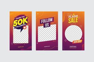 Social media stories template set for banner sale and follow us with thank you followers vector