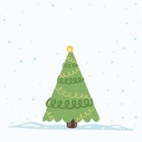 Vector Christmas Tree Isolated from Background. Snow Falling in Holiday Season Xmas and new year graphic template. Modern Tannenbaum tree decorated with lights and ornaments.