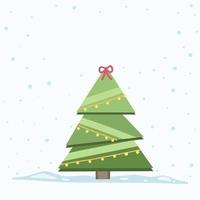 Vector Christmas Tree Isolated from Background. Snow Falling in Holiday Season Xmas and new year graphic template. Modern Tannenbaum tree decorated with lights and ornaments.