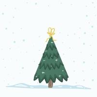 Vector Christmas Tree Isolated from Background. Snow Falling in Holiday Season Xmas and new year graphic template. Modern Tannenbaum tree decorated with lights and ornaments.