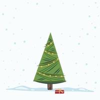 Vector Christmas Tree Isolated from Background. Snow Falling in Holiday Season Xmas and new year graphic template. Modern Tannenbaum tree decorated with lights and ornaments.