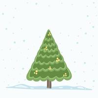 Vector Christmas Tree Isolated from Background. Snow Falling in Holiday Season Xmas and new year graphic template. Modern Tannenbaum tree decorated with lights and ornaments.