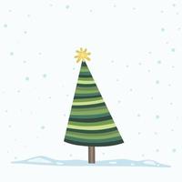 Vector Christmas Tree Isolated from Background. Snow Falling in Holiday Season Xmas and new year graphic template. Modern Tannenbaum tree decorated with lights and ornaments.