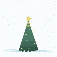 Vector Christmas Tree Isolated from Background. Snow Falling in Holiday Season Xmas and new year graphic template. Modern Tannenbaum tree decorated with lights and ornaments.