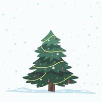 vector árbol de navidad aislado del fondo. nieve cayendo en la temporada de vacaciones de Navidad y plantilla gráfica de año nuevo. árbol tannenbaum moderno decorado con luces y adornos.