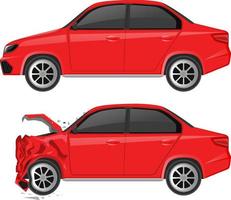 Red sedan car and wrecked car on white background vector