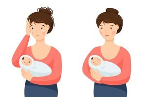 dos escenas con una madre feliz e infeliz con un niño. mujer sosteniendo bebé llorando. depresión post-parto. feliz maternidad. vector