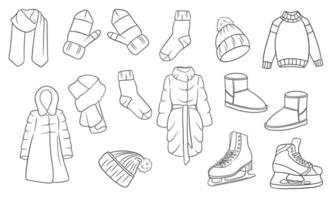 un conjunto de cosas de invierno. colección de ropa de abrigo. estilo de línea. vector