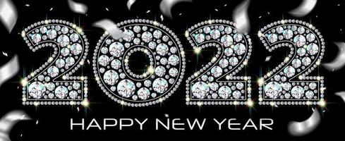 New Year 2022 luxurious numbers of diamond gemstones sparkling against a background of falling silver-colored confetti. Black background, vector illustration.