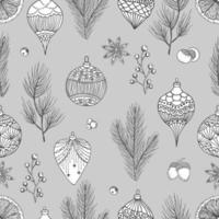 Xmas Seamless pattern with Christmas Tree Decorations, Pine Branches hand drawn art design vector illustration.