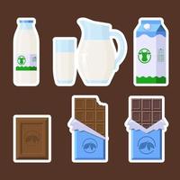 Conjunto de pegatinas de chocolate y leche. estilo plano. colección de barras de caramelo y productos lácteos en diferentes paquetes para logotipo, impresión, receta, menú, decoración y decoración vector