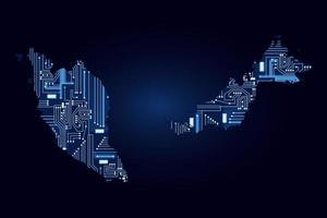 mapa de contornos de malasia con un circuito de electrónica tecnológica. vector
