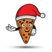 Illustration of a pizza mascot cartoon character wearing a christmas hat. illustration flat style. suitable for promotion of pizza products, prints design, etc. design template vector