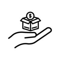 hand line icon with box and dollar. charity symbol, donation, humanity. Editable stroke. Design template vector