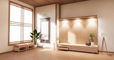 Mueble De Madera En Habitación Moderna Vacía Y Pared Blanca En Habitación De Piso Blanco Estilo Japonés. Representación 3d