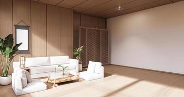 el diseño interior de madera, estilo japonés de la sala de estar moderna zen representación 3d foto