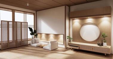 Mueble De Madera En Habitación Moderna Vacía Y Pared Blanca En Habitación De Piso Blanco Estilo Japonés. Representación 3d