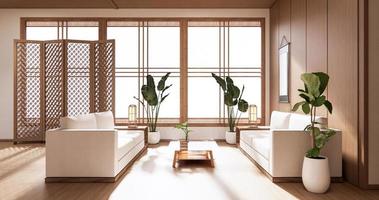 el diseño interior de madera, estilo japonés de la sala de estar moderna zen representación 3d foto