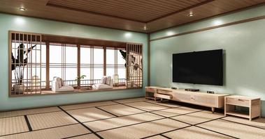 sala de cine diseño minimalista estilo japonés, sala de menta representación 3d foto