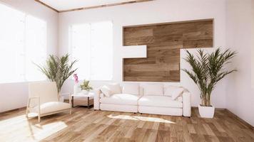 A living room with a sofa in a minimalist style White tropical style living room with wood grain floor photo