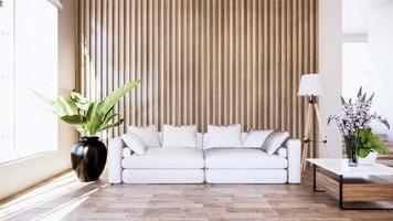 Diseño japonés de madera del sofá del vintage, en el piso de madera interior de la habitación. Representación 3d foto