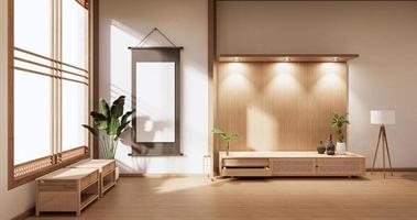 wooden cabinet in modern empty room and white wall on white floor room japanese style. 3d rendering photo