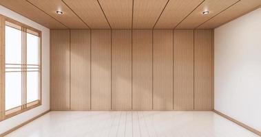 Pared de madera blanca vacía en el diseño de interiores de piso blanco. Representación 3d foto