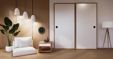 Diseño de pared de madera vacía y mini sofá estilo japonés. Representación 3d