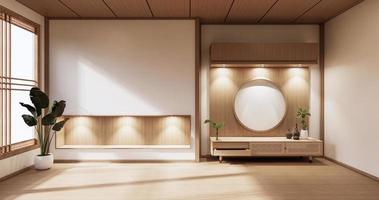 Mueble De Madera En Habitación Moderna Vacía Y Pared Blanca En Habitación De Piso Blanco Estilo Japonés. Representación 3d foto