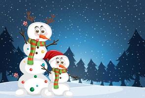 Christmas poster template with cute snowman on snow falling background vector