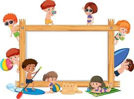 Empty wooden frame with children in summer beach theme vector