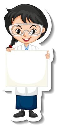 Scientist girl holding empty board in sticker style