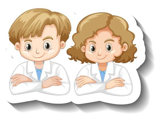 Cartoon character sticker with a couple kid in science gown