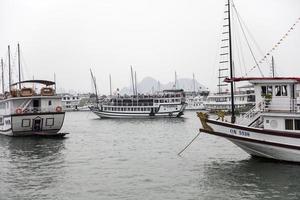 halong, vietnam, 28 de febrero de 2017 - cruceros turísticos en el puerto de halong. Las principales industrias en Halong son el turismo, los servicios, el comercio, la agricultura, la silvicultura y la pesca. foto