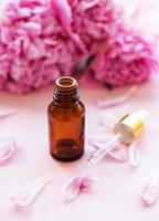 Aromatherapy essentials oils and pink peonies photo