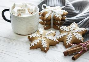 Christmas decorations,  cocoa and gingerbread cookies.
