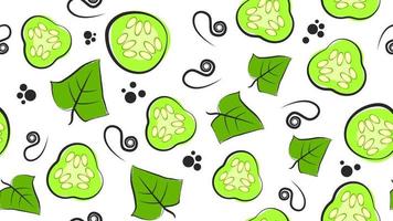 Bright seamless texture with green cucumber slices and culture leaves. White and green eco pattern ready for printing in doodle style vector