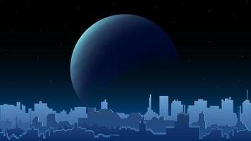 paisaje urbano nocturno con un gran planeta en el horizonte y la silueta de una ciudad moderna con rascacielos. paisaje de la ciudad de noche azul vector